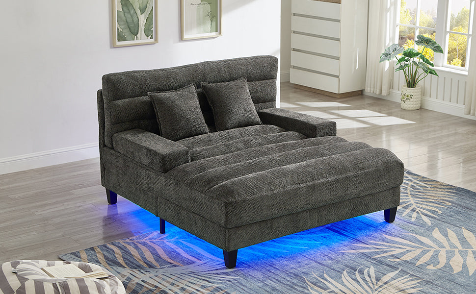 NEW  Grey Chenille LED Light Strip Upholstered Modern Chaise Lounge Sofa Bed