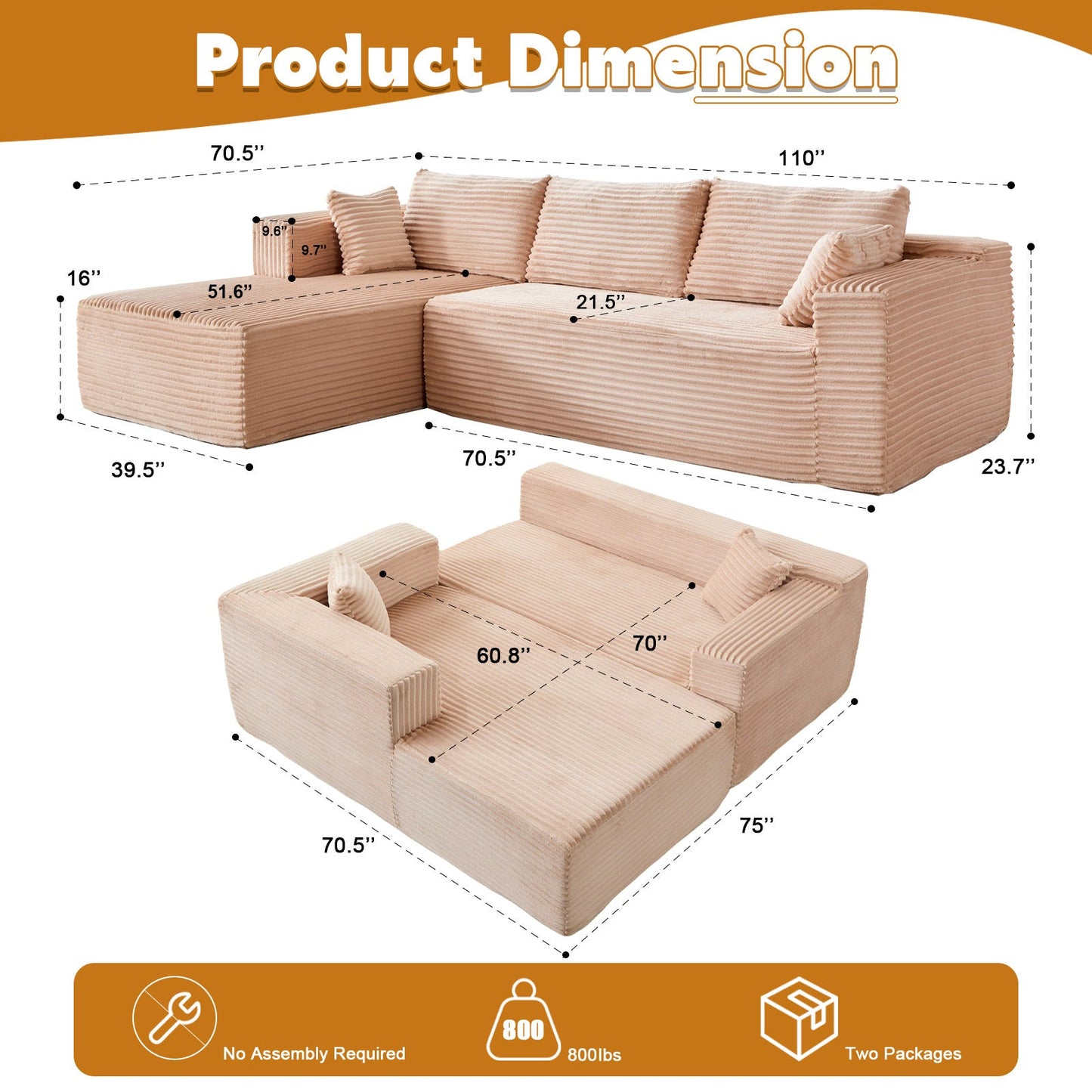 NEW Compression Sectional Couch with Comfy Chaise, Boneless L Shape Sofa with Deep Seat, Minimalist Modular Couches Sleeper for Living Room Bedroom Apartment Lounge,corduroy,Beige