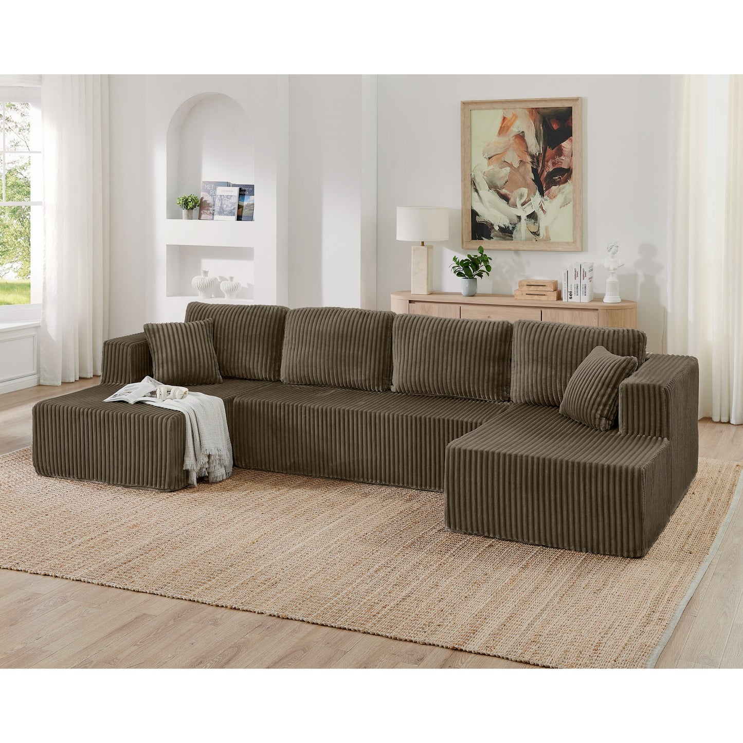 NEW Modern Brown Corduroy Minimalist U Shape Modular Sectional Sofa Sleeper Couch