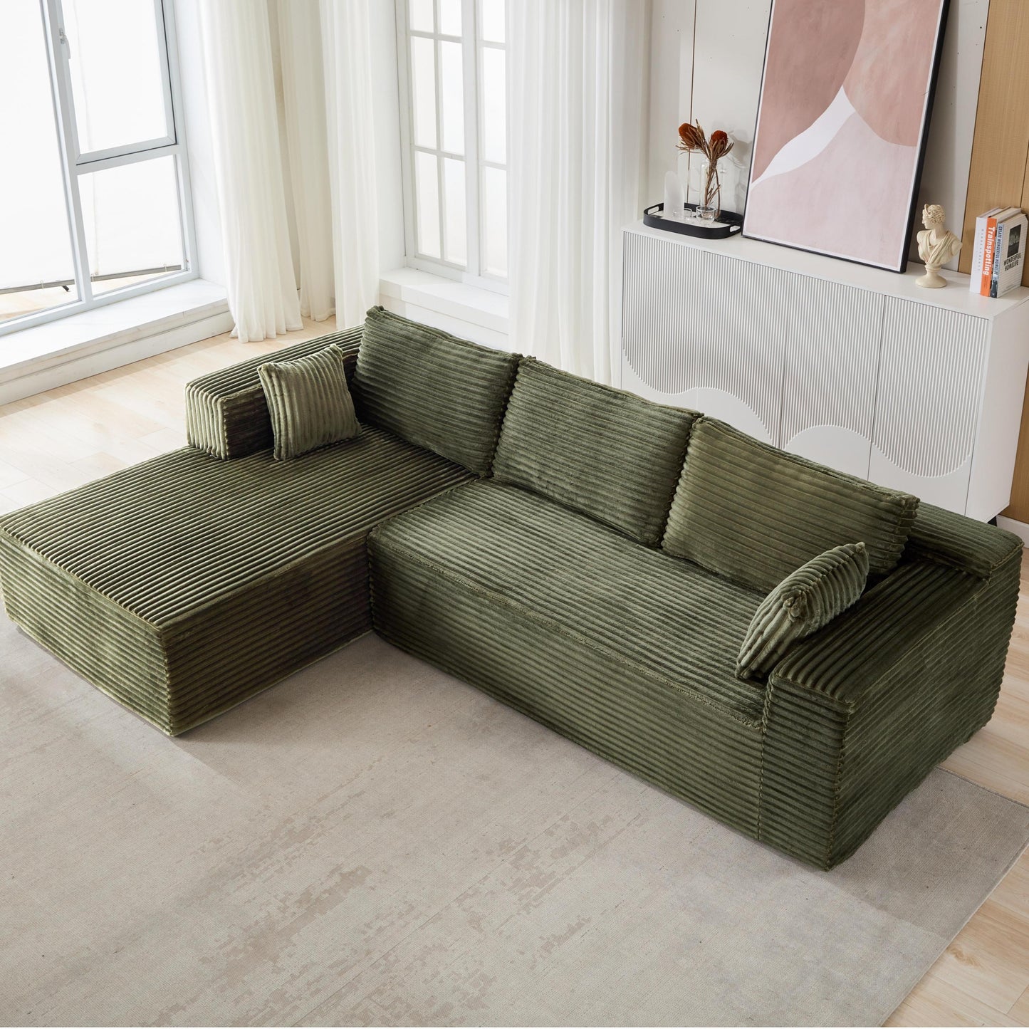 NEW Compression Sectional Couch with Comfy Chaise, Boneless L Shape Sofa with Deep Seat, Minimalist Modular Couches Sleeper for Living Room Bedroom Apartment Lounge,corduroy,Green