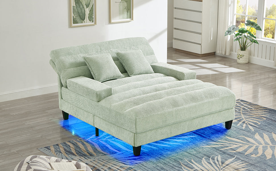 NEW Modern Chaise Lounge Sofa Bed with Adjustable Backrest and LED Light Strip, Green Chenille Upholstered, 57.1 Inches