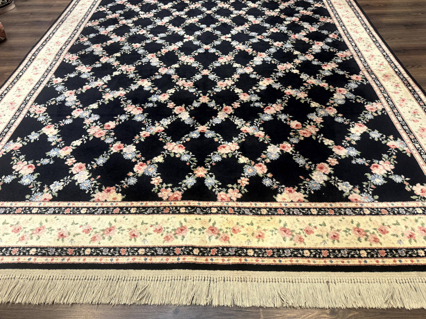 USED 8.8 x 12 Karastan Garden of Eden Rug, Ebony Trellis #509/1270, Black, Floral, Wool Pile, Vintage, Discontinued
