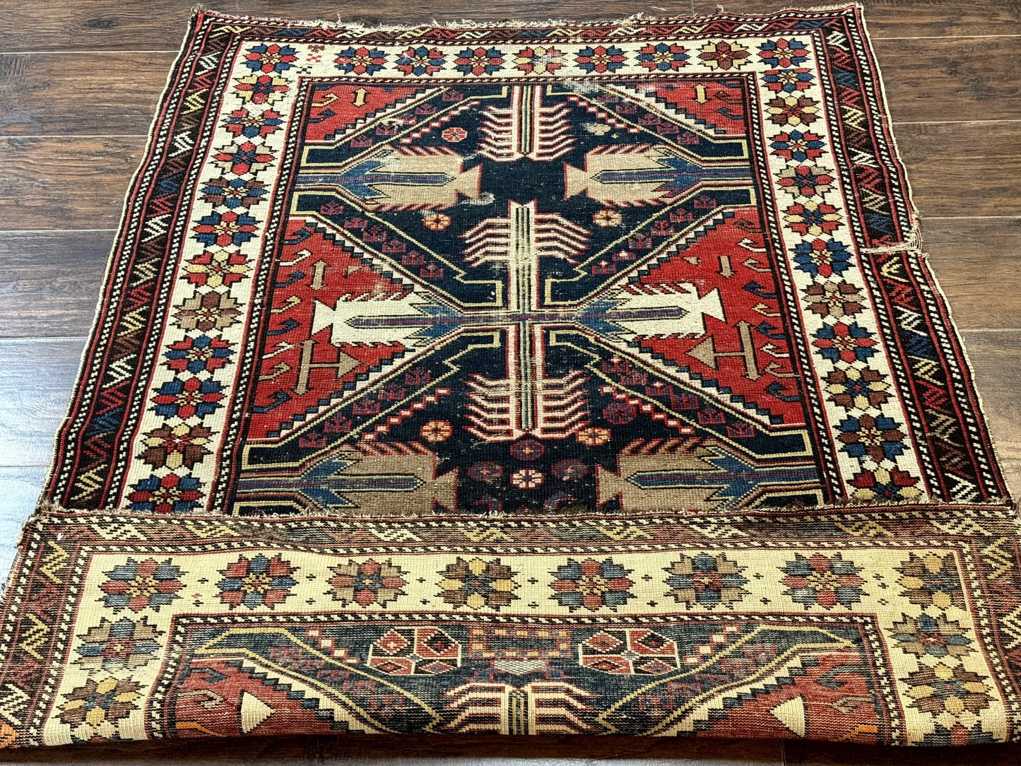 USED Antique Shirvan Caucasian Rug 3x5, Geometric Pattern, Red Navy Blue Beige