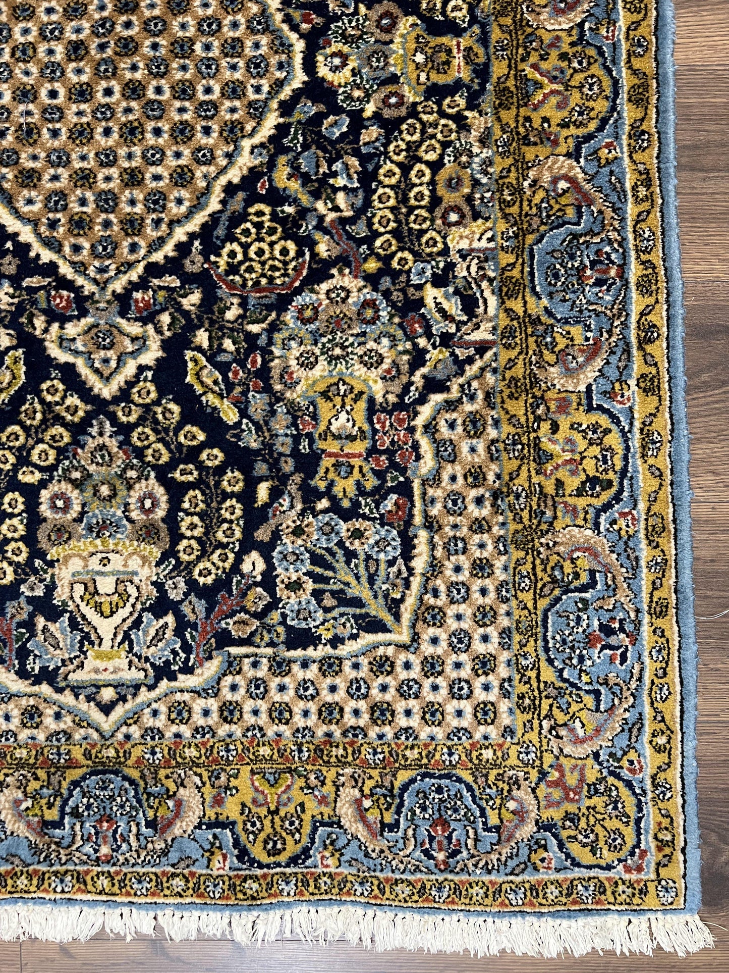 USED Fine Persian Qum Rug 3x5, Semi Antique Vintage Oriental Ghom Carpet, Floral Medallion, Highly Detailed, Hand Knotted, Navy Blue, Wool Area Rug, Birds