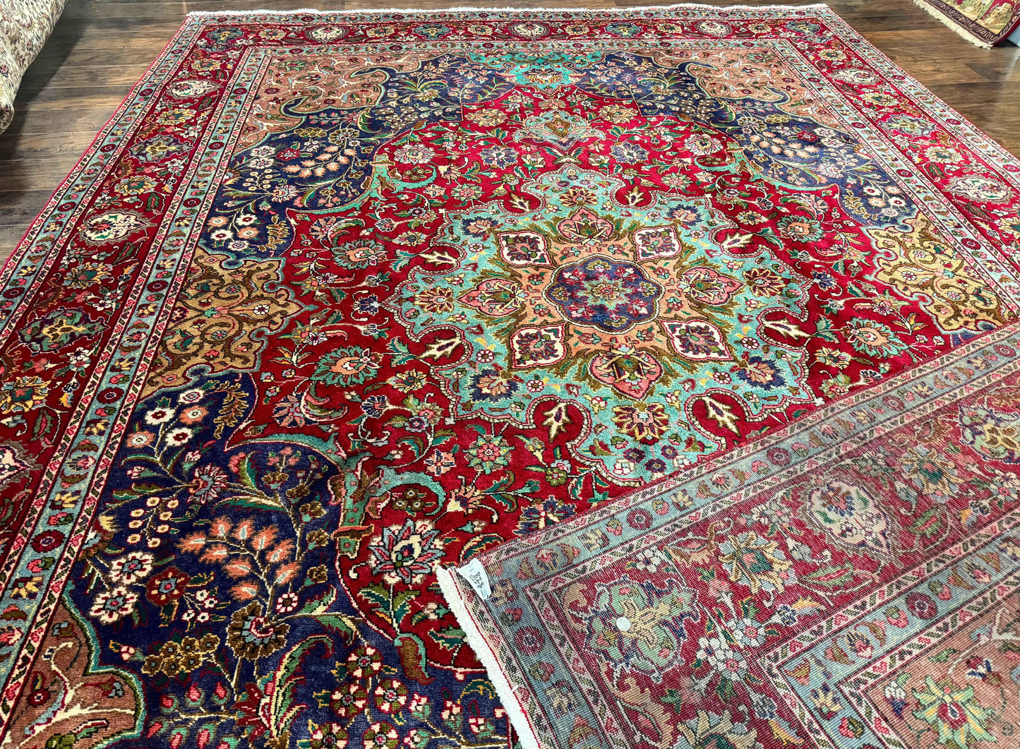 USED Wonderful Persian Tabriz Rug 10x14, Antique Persian Carpet, Handmade Wool Rug, Floral Medallion, Red Navy Blue, Colorful, Large Persian Area Rug