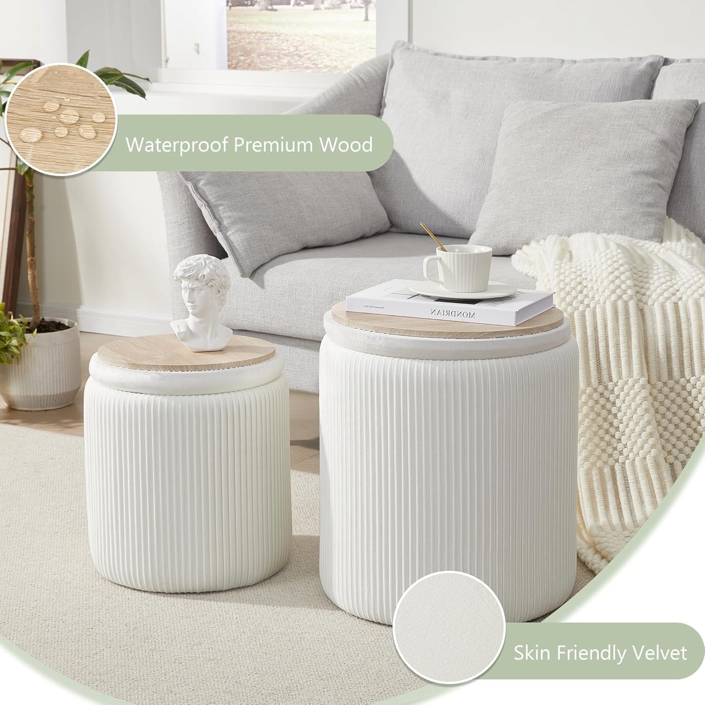 NEW Compact Round Velvet Storage Ottoman TwoPack White