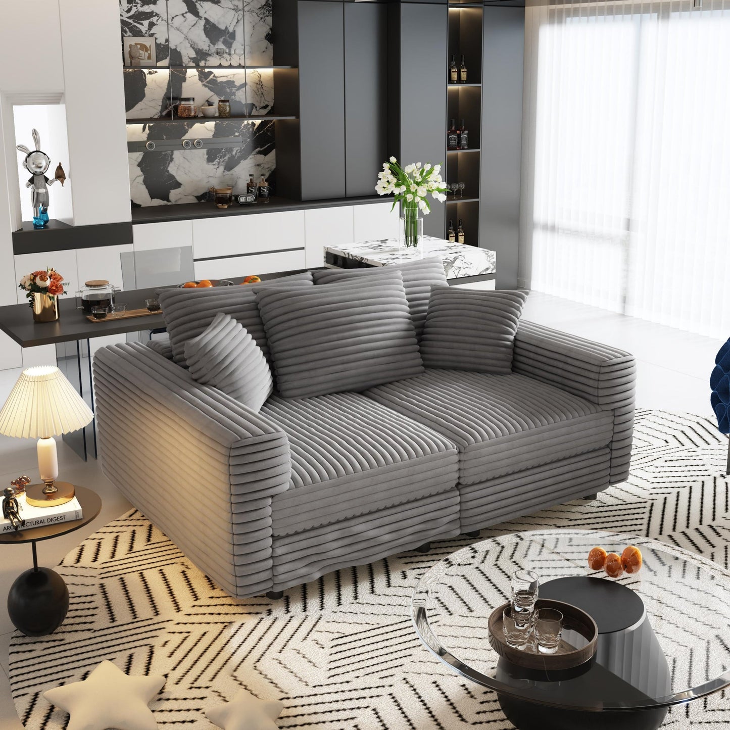 NEW 82.7’ Modern Plush Grey Corduroy Comfy Upholstered 3-Seat Sofa Deep Seat Couch