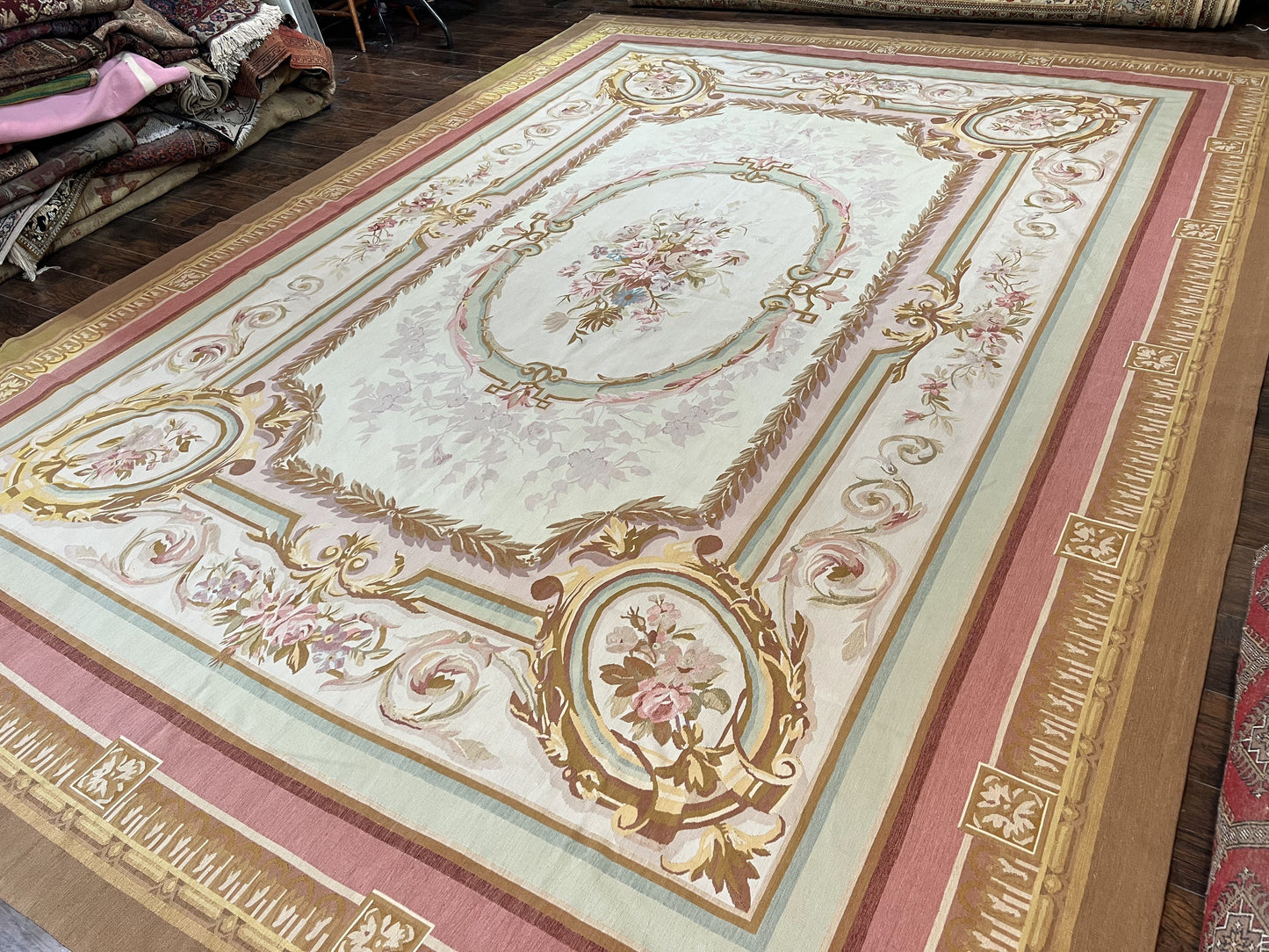 USED Large Aubusson Rug 11x15, Oversized Gallery Palace Size Flatweave Savonnerie Carpet 11 x 15 ft, Wool Handmade Vintage Elegant European