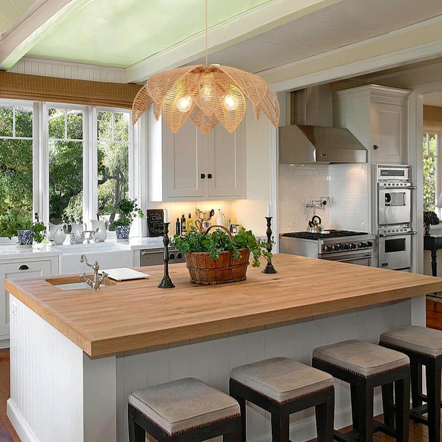 NEW Handwoven Rattan Chandelier 24 Inch Pendant Light Fixture