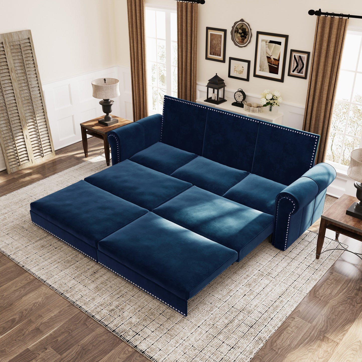 NEW 93.7 ' King Pull Out Sofa Bed, Chesterfield Sofa, 3-in-1 Velvet Convertible Sleeper Sofa with Nailhead Trim & Rolled Arm, Multi-Functional Sofa Bed for Living Room, Bedroom, Apartment, Office, Blue