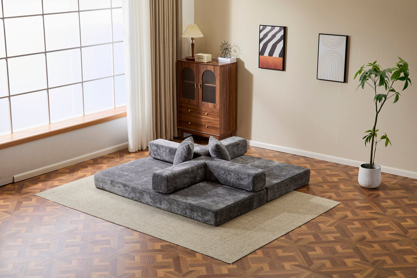 NEW Floor Couch,Compression Sofa,Convertible Floor Sofa Bed-with Pillow Back Support Armrest,Comfy Futon Couch Lounge Sleeper Bed,Chenile fabric,for Living Room Bedroom (DARK-GREY)