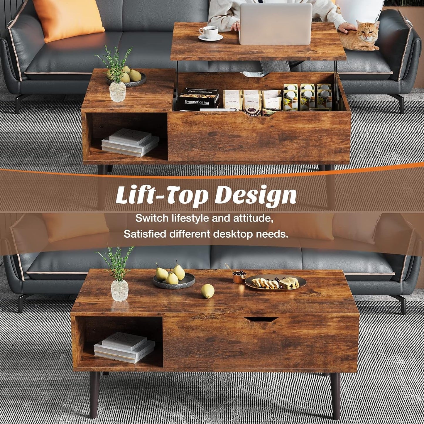 NEW Brown Lift Top Coffee Table With Storage And Hidden Compartment