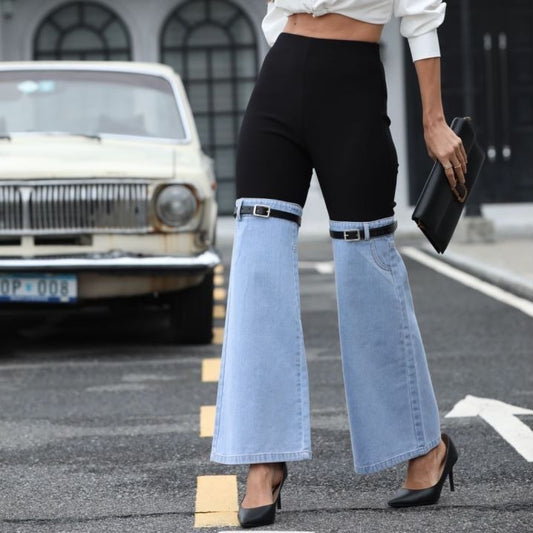 NEW Fashion Slim Knit Denim Stitching Elastic Waist