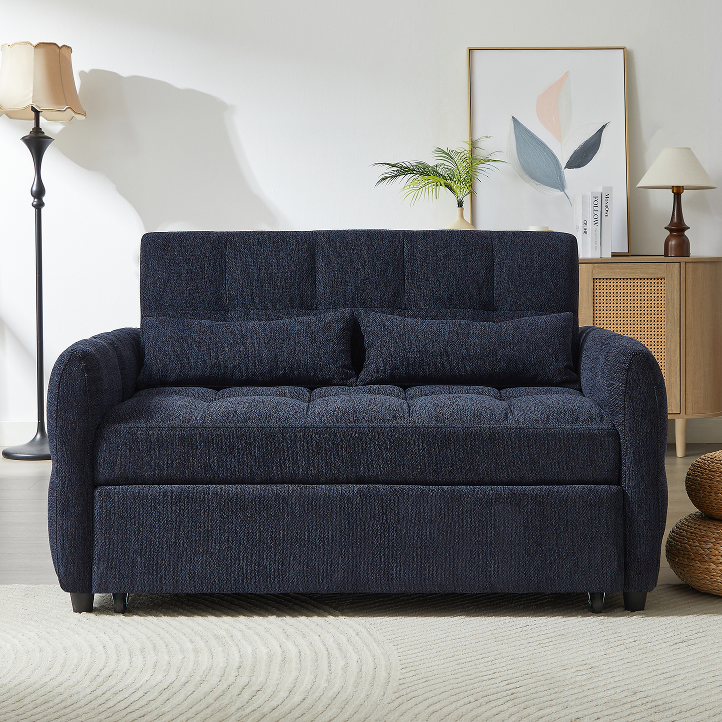 NEW Modern Loveseat Sofa Pull-out Bed with Adjustable Backrest, USB Ports, Lumbar Pillows, Blue Chenille, 52.8'