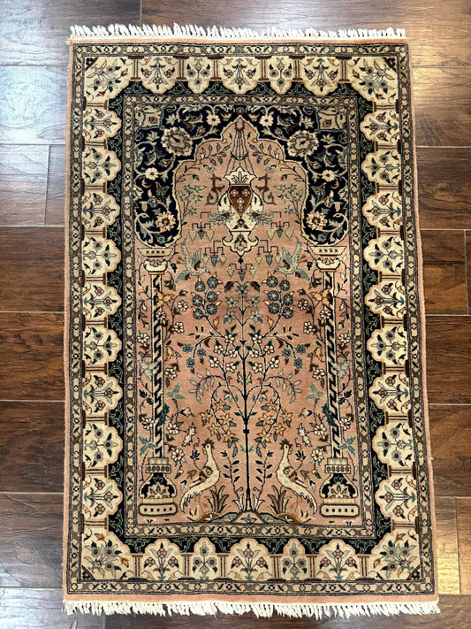 USED Small Tree of Life Prayer Rug, Pak Persian Rug 2.7 x 4, , Birds, Lantern, Handmade Vintage Fine 260 KPSI