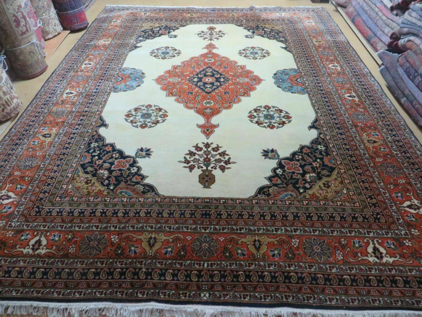 USED Indo Persian Rug 9x12, Semi Open Field Medallion, Ivory Tomato Red Navy Blue, Hand Knotted Indian Oriental Wool Carpet 9 x 12 ft, Room Sized