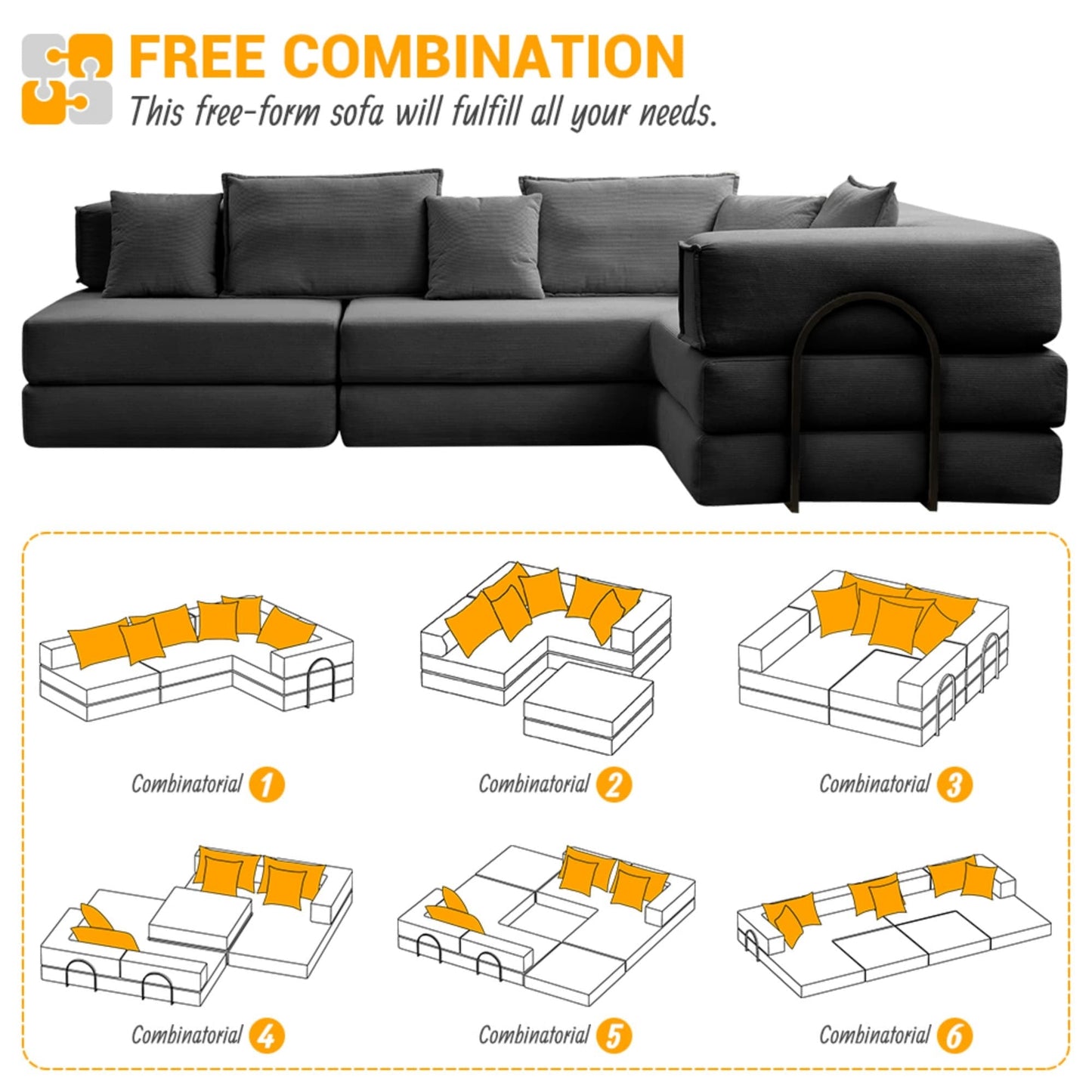 NEW Oversized Black Upholstered Sectional Sofa Set Modular 118.2' L Shaped Living Room Sofa Set with 6 Pillows