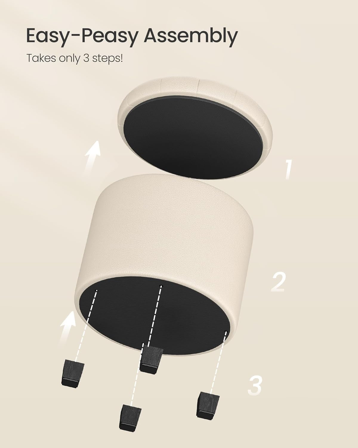 NEW Round Ottoman With Durable Storage Linen-Look Beige