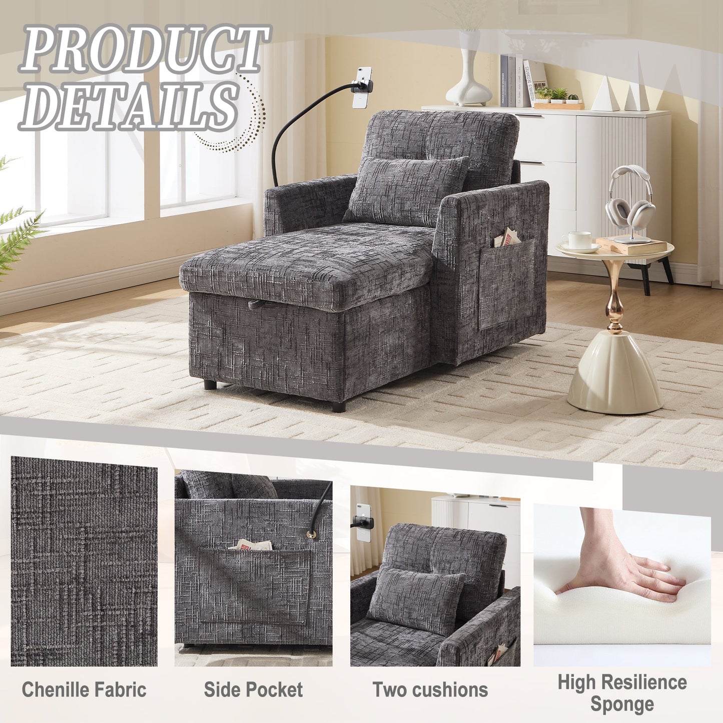 NEW Multifunctional Recliner with Storage Backrest and Cell Phone Bracket in Gray Chenille for Living Room and Bedroom