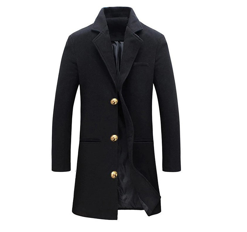 New Winter Lapel Trench Coat Fashion Pocket Single Breasted Jacket Outerwear Casual Solid Color Men's Clothing