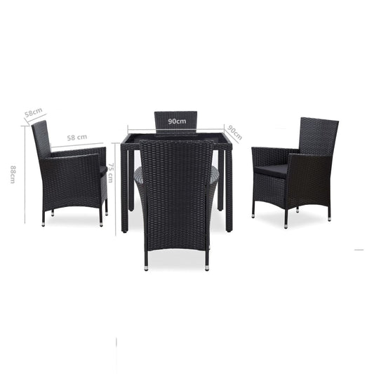 NEW vidaXL 5 pc Outdoor Patio Dining Set Poly Rattan Wicker Black Chair Table Set