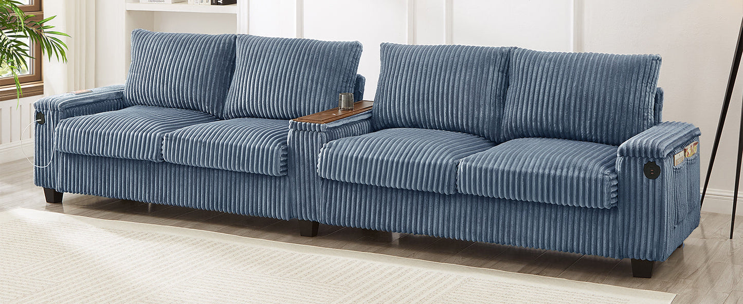 NEW Modern 4-Seater Corduroy Sofa Couch with USB Ports, Hidden Storage, Flip-Top Cup Holders, Blue, 133'