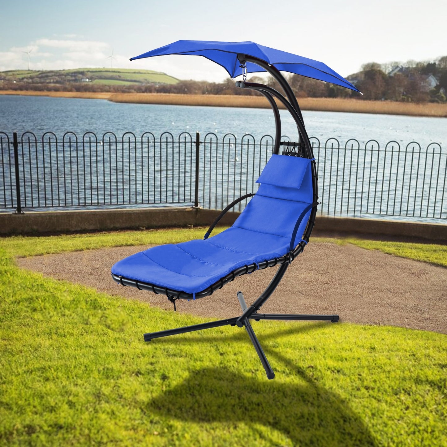 NEW Navy Blue Hanging Chaise Lounger With Removable Canopy Outdoor Swing Chair With Built-in Pillow