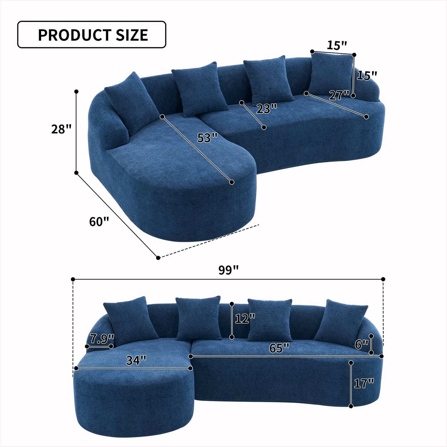 NEW Full Compression Sponge Navy Blue Modular Chenille L-Shape Sectional Sofa with High-Density Foam