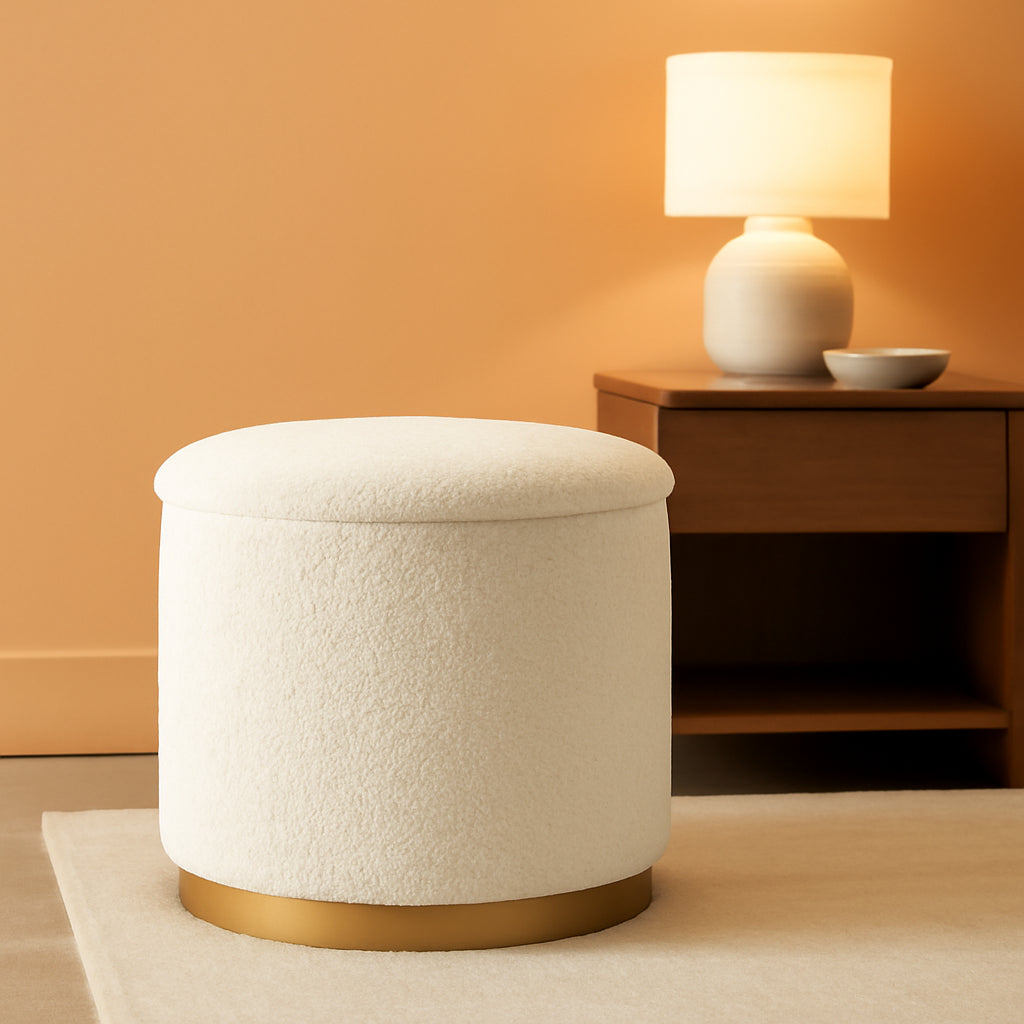 NEW Round White Storage Space Ottoman Gold Plated Base Frame