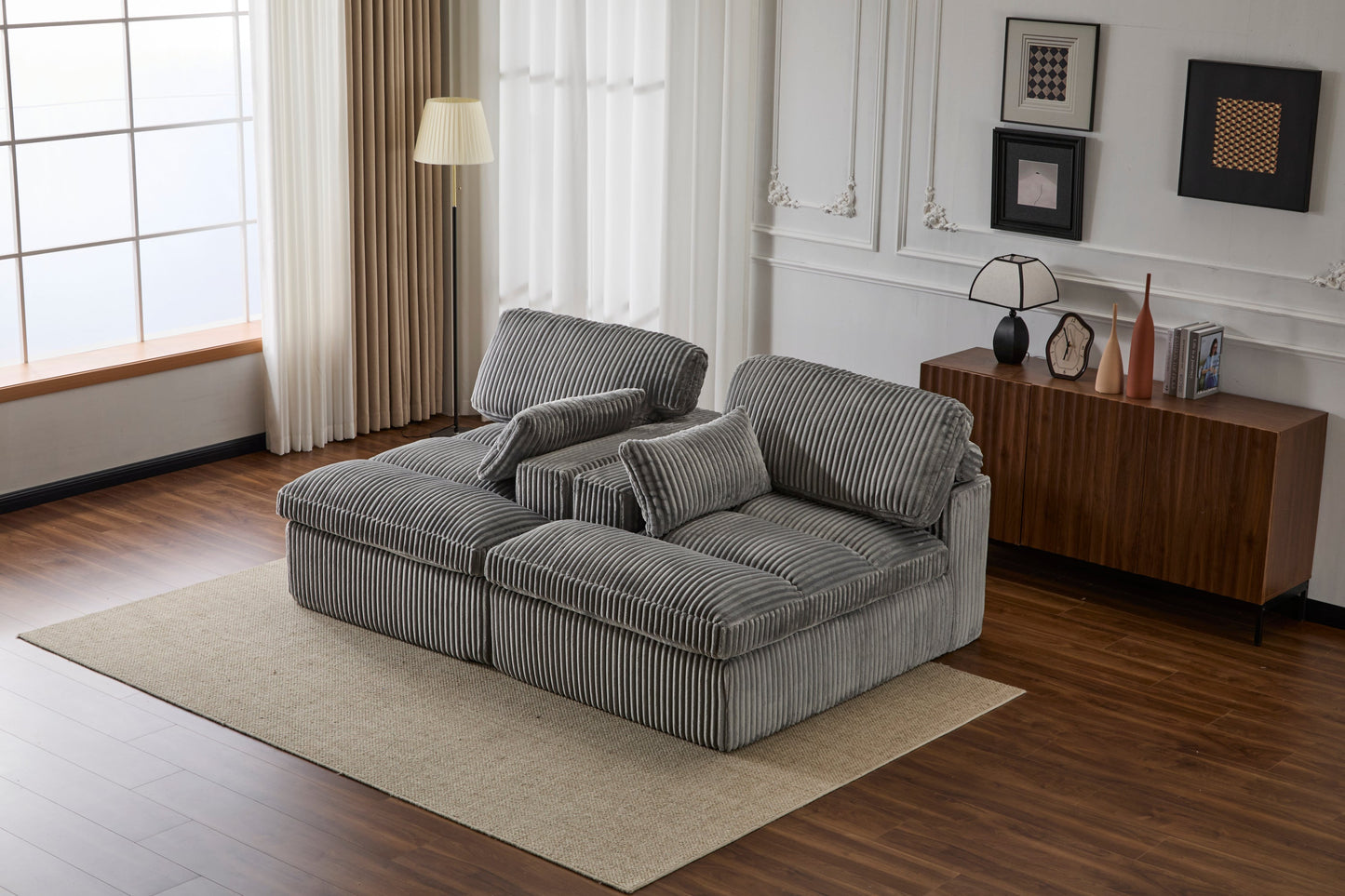 NEW Indoor Grey Corduroy Oversized Upholstered Double Chaise Lounge Chair Oversized Upholstered Sleeper Cloud Couch Deep Seat Luxury Sectional Sofa Bed Chaise Lounge