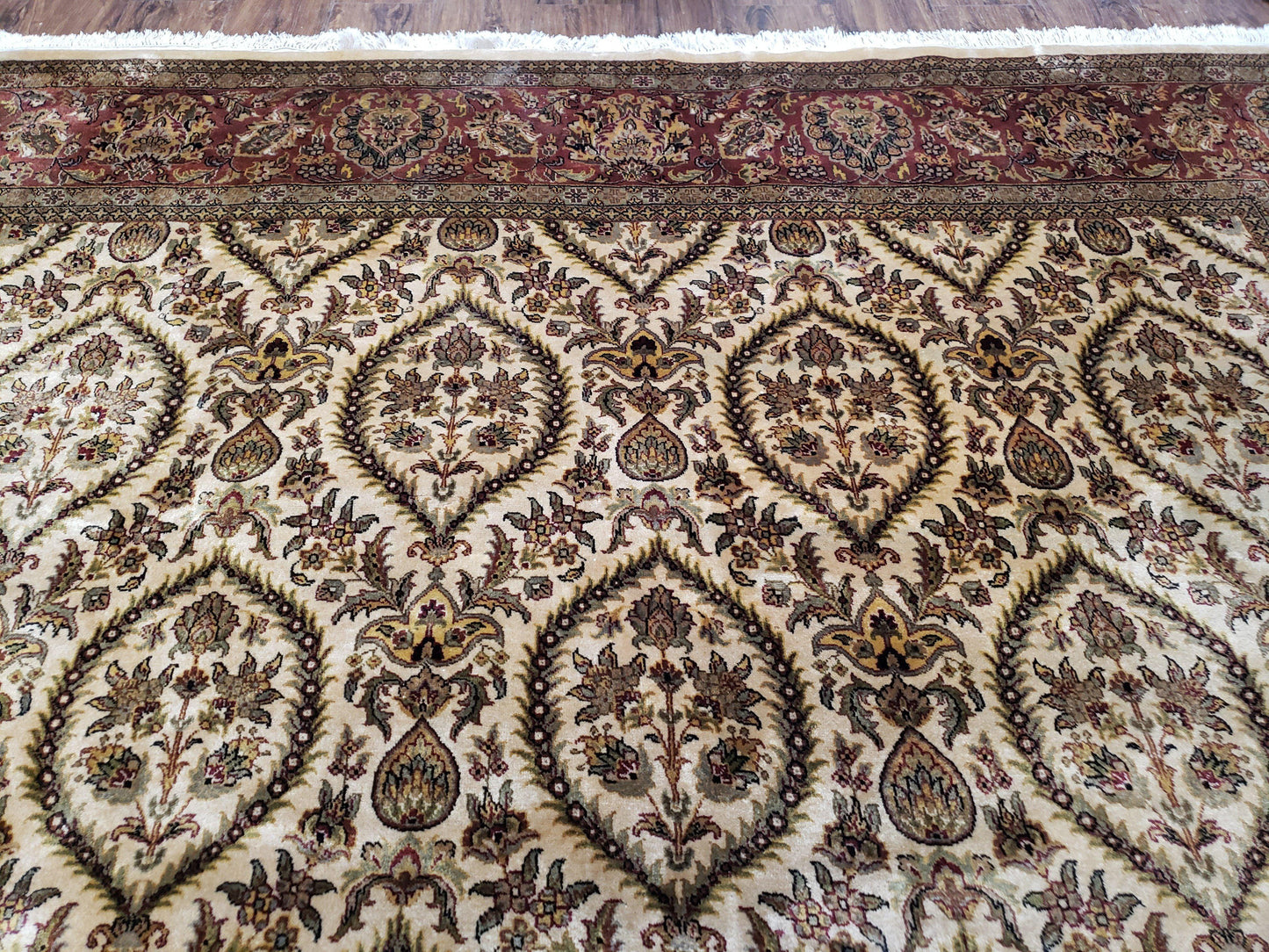 USED Vintage Indo Persian Area Rug 9x12, Wool Hand-Knotted Ivory & Dark Red Oriental Carpet, Fine Weave 9 x 12 Indian Rug, Dining Room Rug