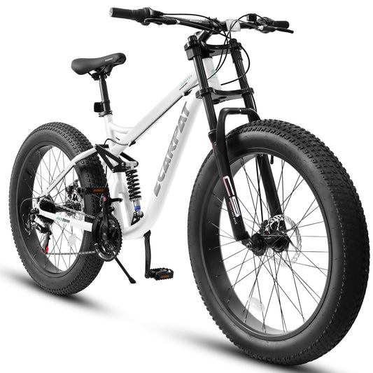 NEW A26309 26 inch Mountain Bike,Full-Suspension 21 Speeds Drivetrain with Disc-Brake MTB Bicycle, 26*4' Fat tire Bike for Men white