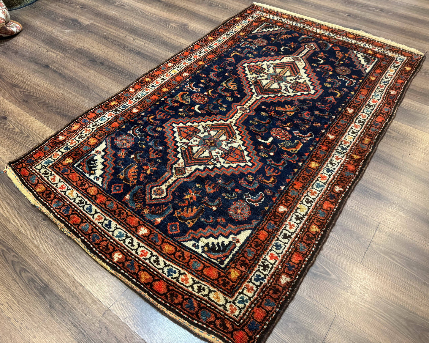 USED Antique Persian Hamadan Rug 4x6, Geometric, Double Medallions, Navy Blue, Tribal Carpet