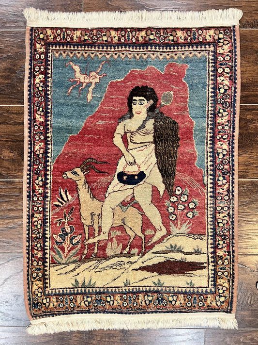 USED Antique Persian Kirman Rug 2 x 2.5, Small Hand Knotted Wool Carpet, Lavar Rug, Shepherd with Ram Pictorial Rug #1
