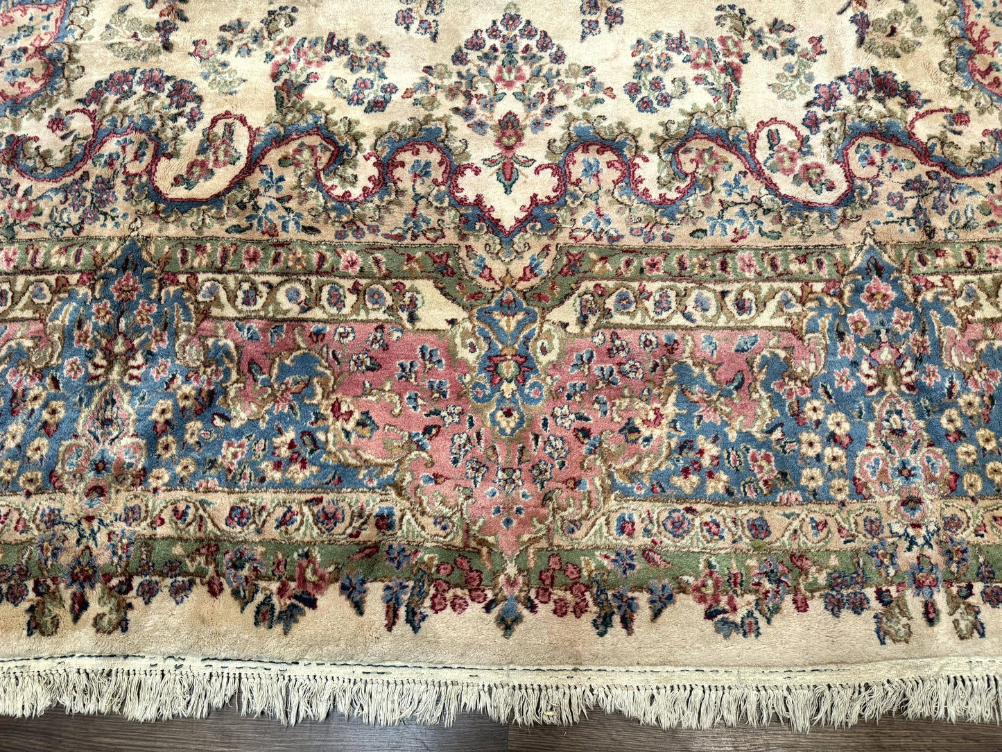 USED Palace Size Persian Kerman Rug 11x20 ft, Very Fine 340 KPSI, Vintage Oversized Wool Handmade Large Persian Carpet, Beige Light Blue Pink