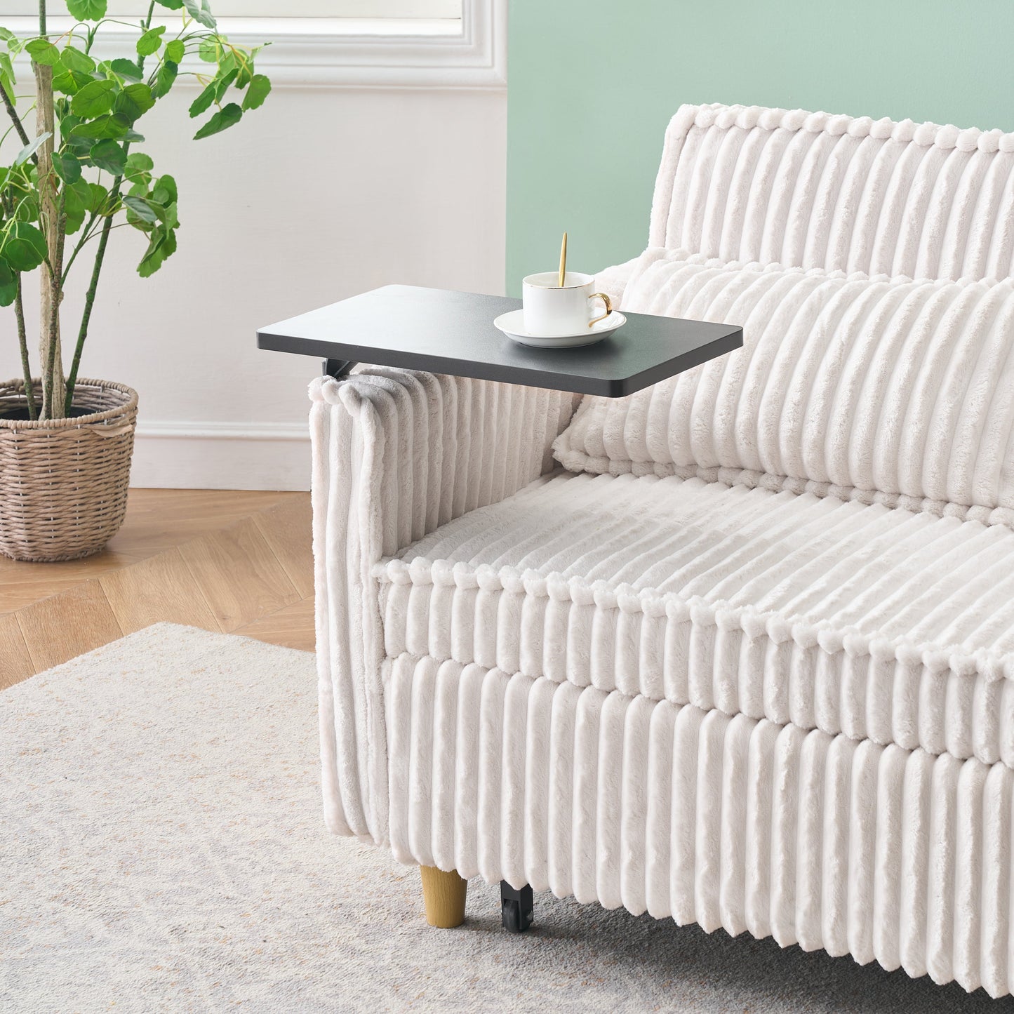 NEW Pull-out Push-in Beige Corduroy Sofa with Dual Functions Movable Tabletop and USB Ports