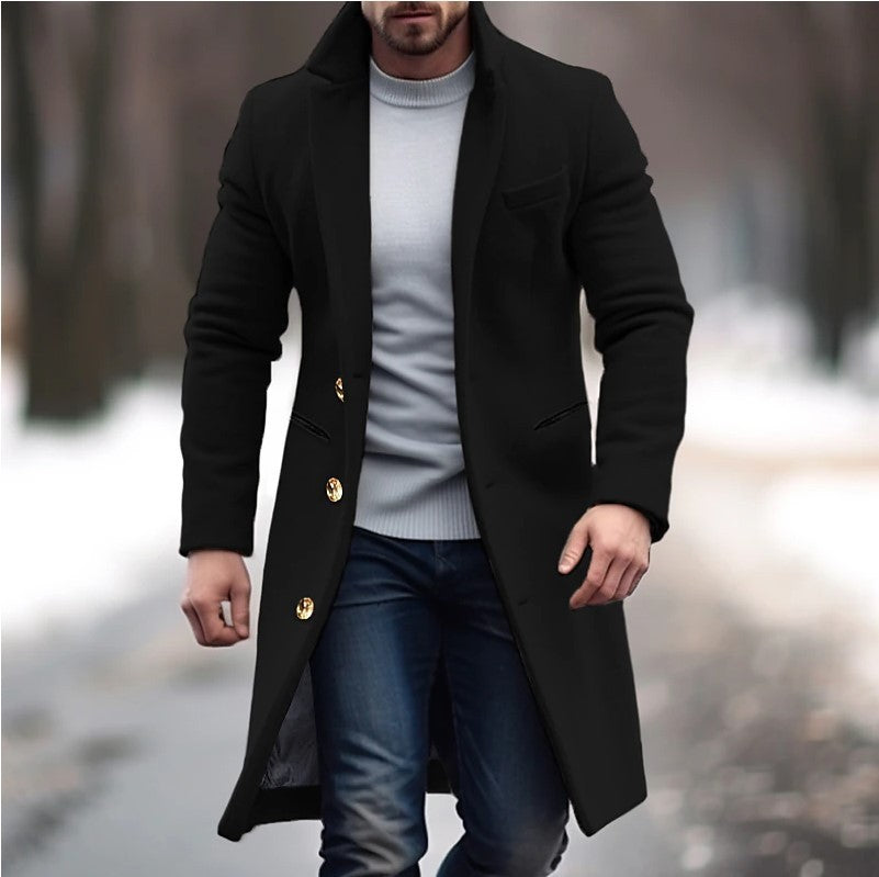 New Winter Lapel Trench Coat Fashion Pocket Single Breasted Jacket Outerwear Casual Solid Color Men's Clothing