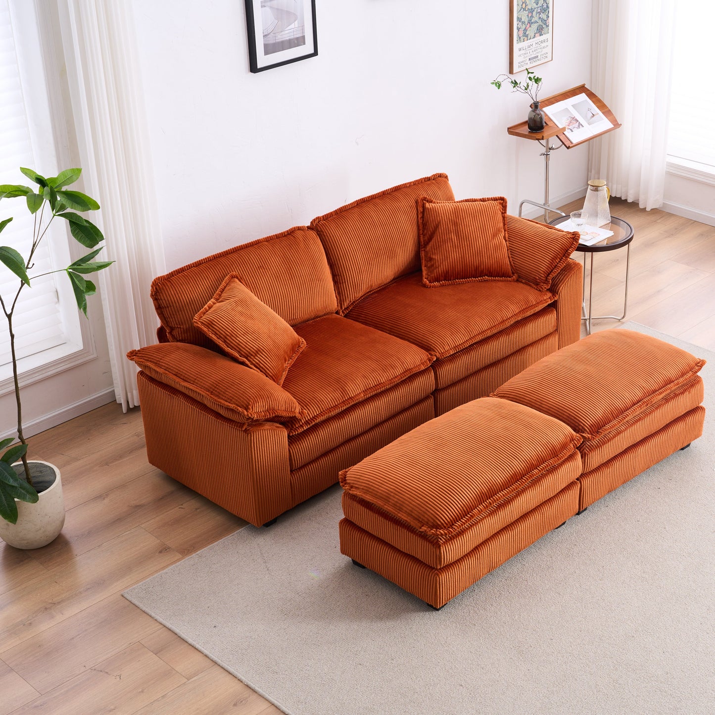 NEW Corduroy 2-seats sofa With 2 back pillows,2 toss pillows and two ottoman,Comfy Sofa- Deep Seat Couch for Living Room,Orange