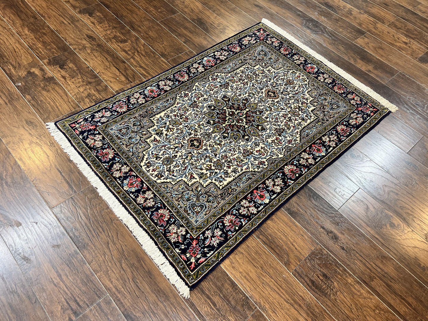 USED Persian Qum Rug 3x5, Wool with Silk Highlights, Handmade Semi Antique Carpet, Ivory & Navy Blue, Floral Medallion, Finely Hand Knotted