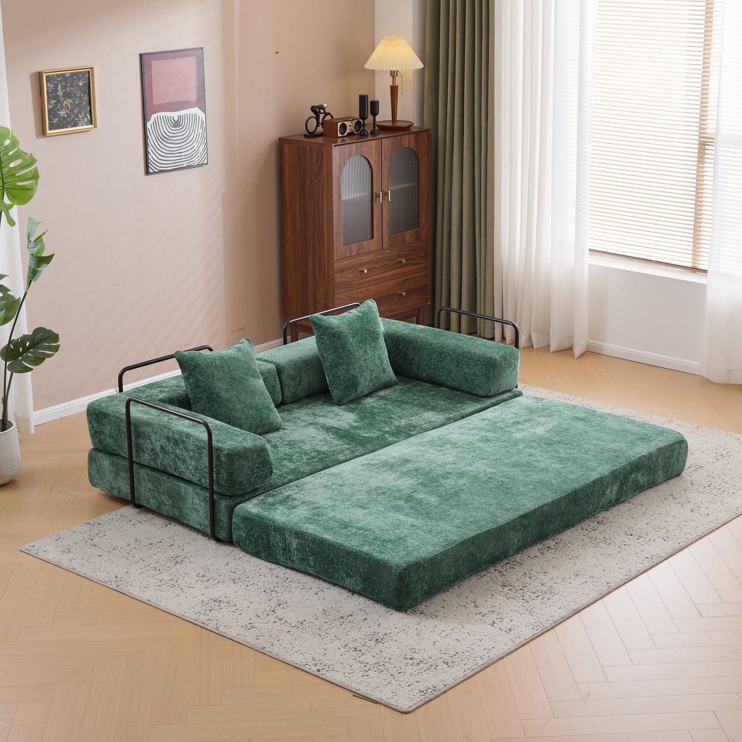 NEW Dark Green Chenille Fabric Floor Compression Convertible Sofa Bed