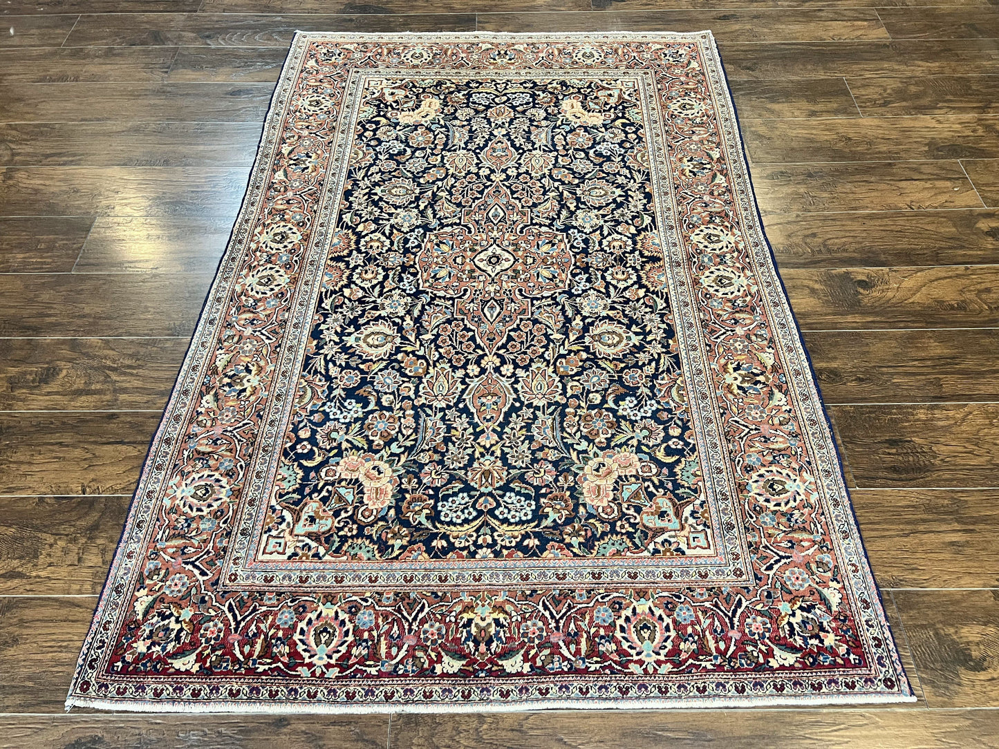 USED Persian Kashan Rug 4x7, Floral Medallion Vintage Handmade Hand Knotted Navy Blue & Red Wool Oriental Carpet, Highly Detailed Semi Antique Rug