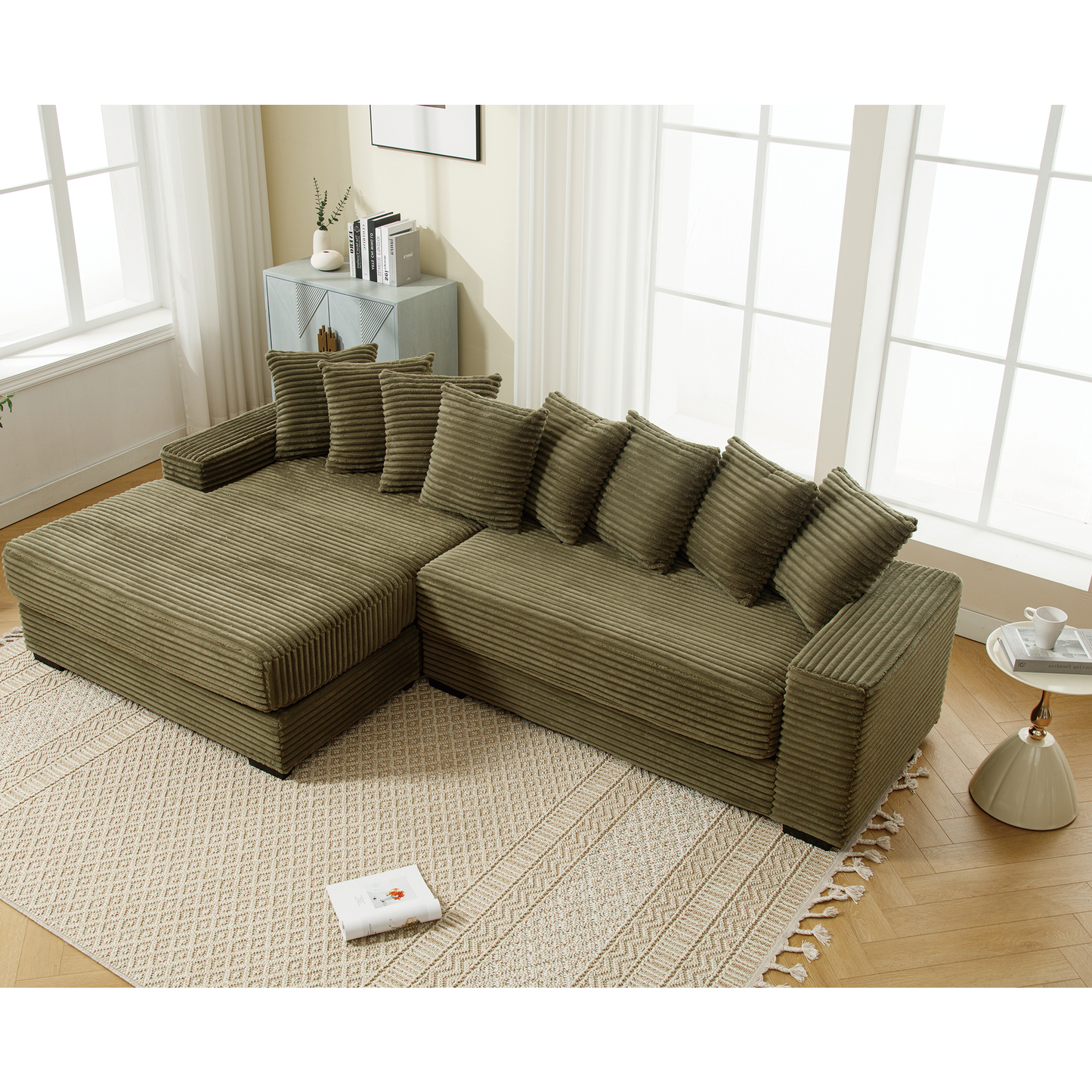 NEW NEW ARRIVED] [VIDEO PROVIDED] Oversized Two-Piece Couches, L Shaped Sofa, Corduroy, Left Chaise Daybed,with Armrests,Eight Throw Pillows,Corner Sofa,Easy To Assemble, Green