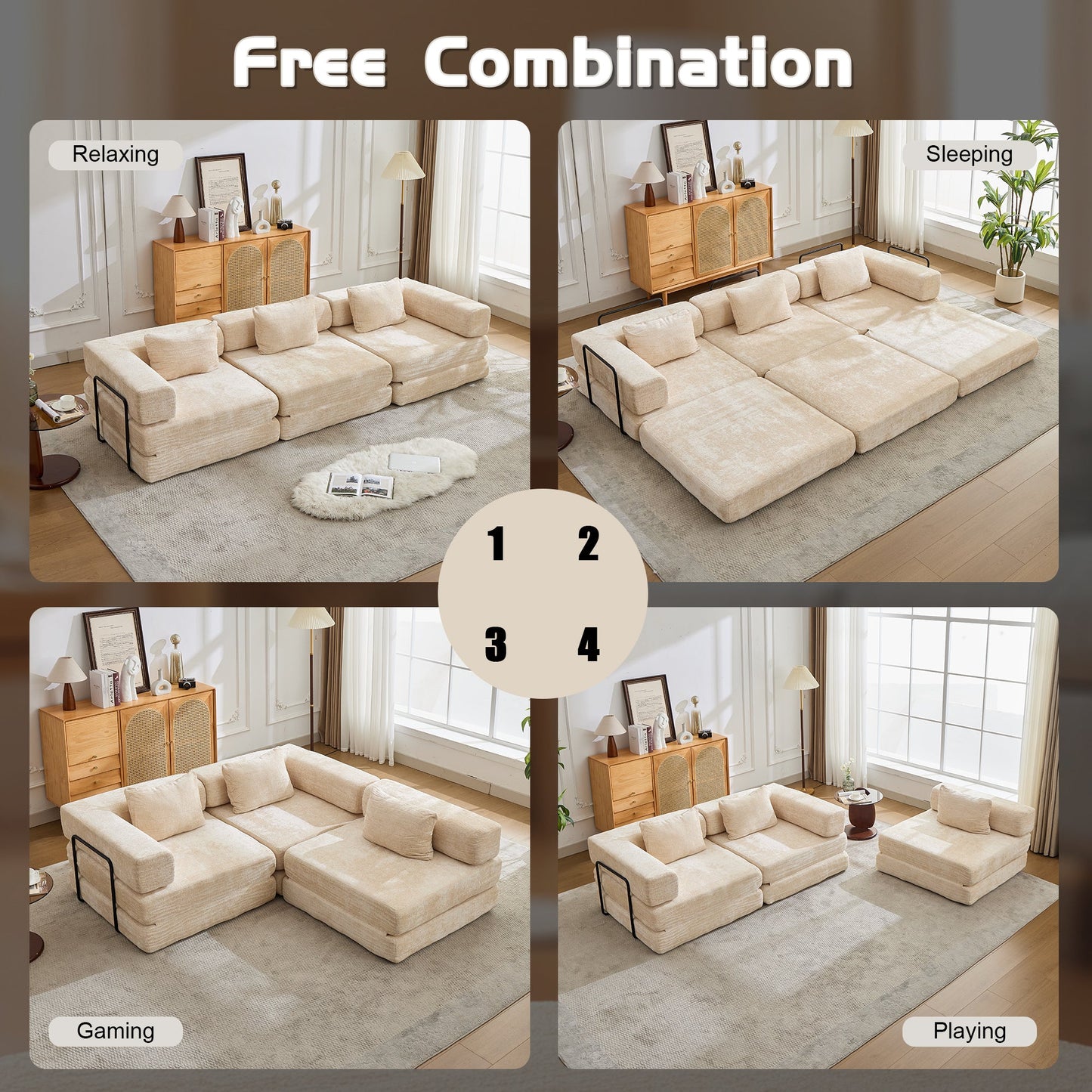 NEW Beige Chenille Fabric Boneless Modular Sectional Sofa Compression Convertible Floor Couch Bed with Fixed-Shape Frame