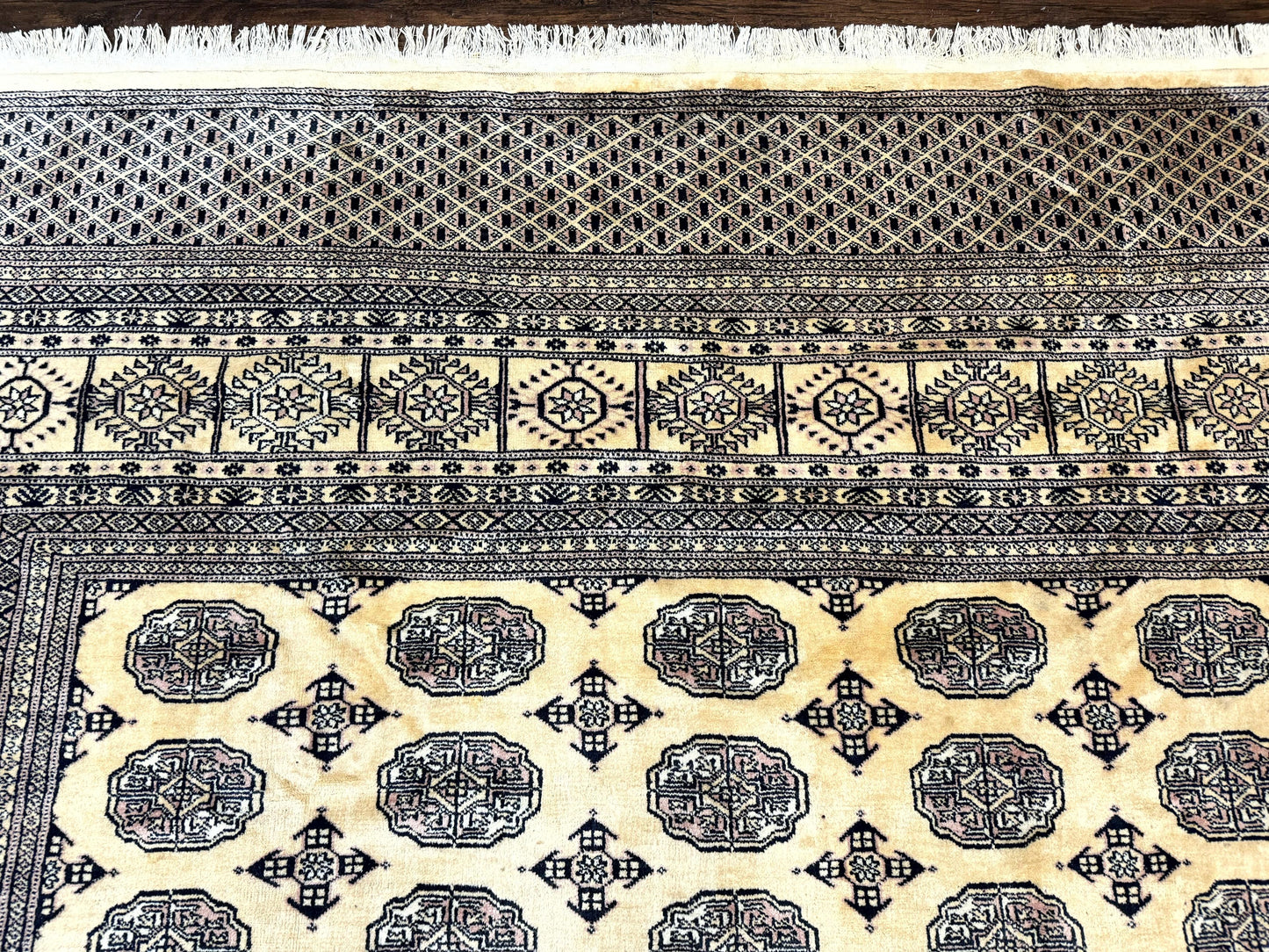 USED Pakistani Bokhara Turkoman Rug 9x11, Cream, Handmade Wool Vintage Carpet