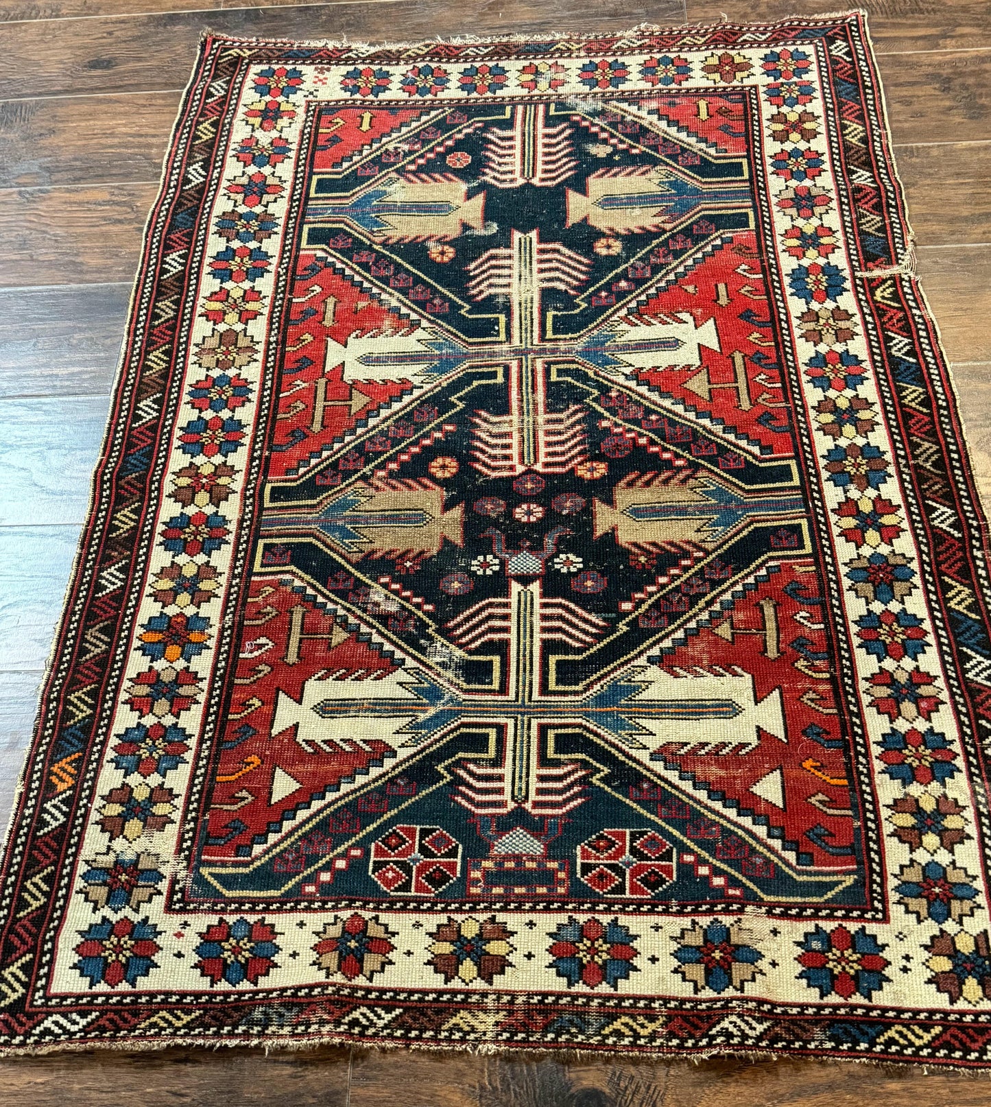 USED Antique Shirvan Caucasian Rug 3x5, Geometric Pattern, Red Navy Blue Beige