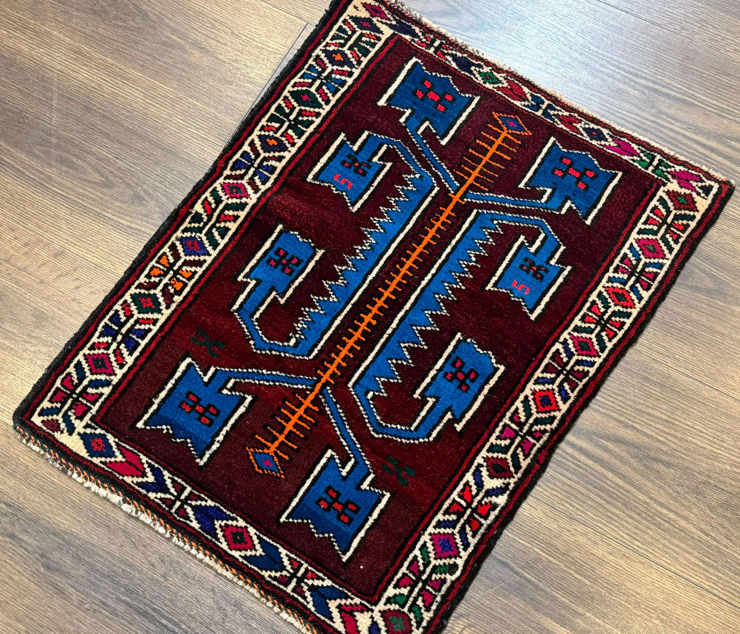 USED Persian Tribal Rug 1.8 x 2, Small Balouchi Rug, Unique Design, Burgundy and Blue