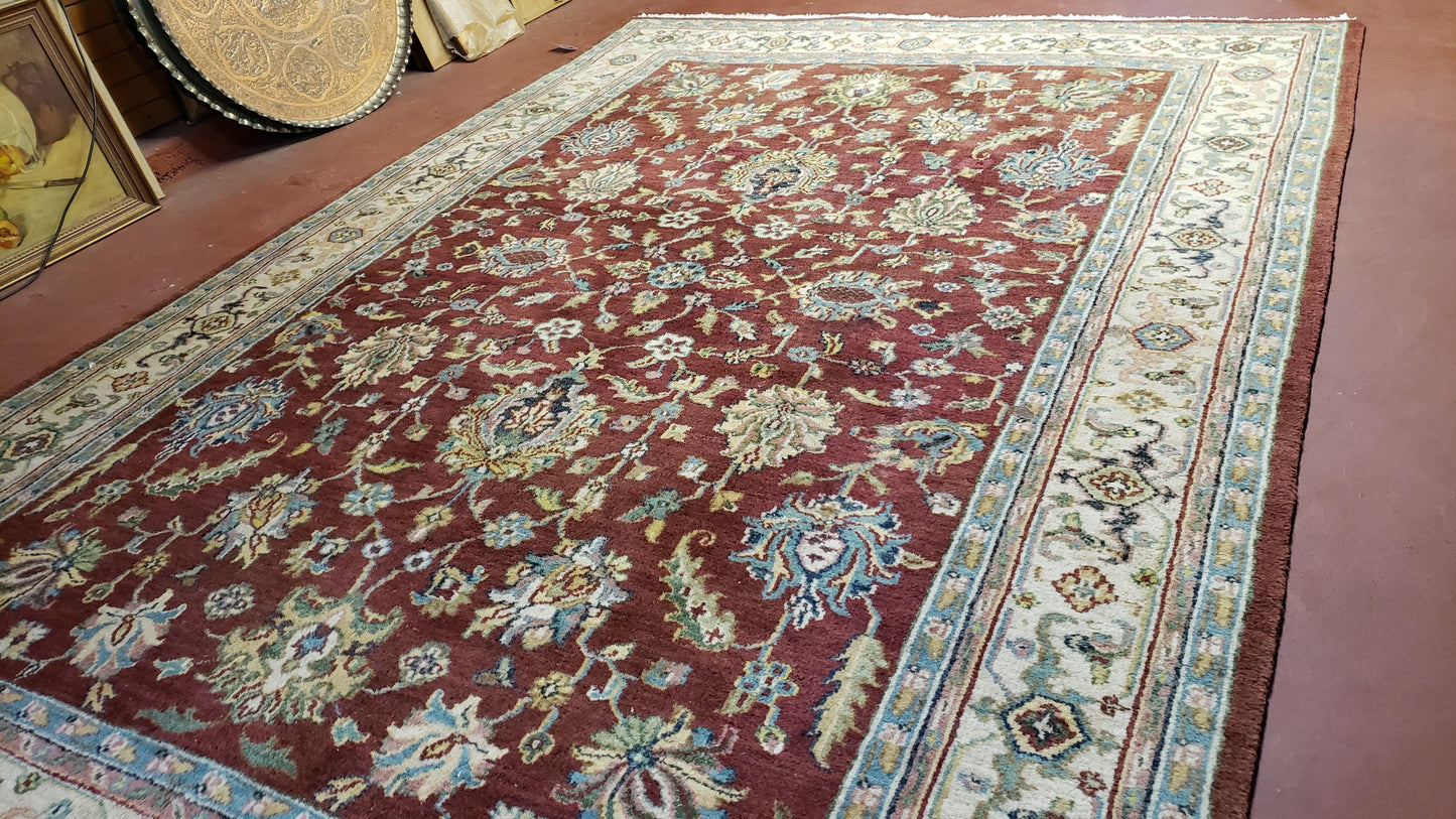 USED 8x12 Indo-Mahal Rug, Floral Allover, Red & Beige, Wool Vintage Handmade Traditional Carpet