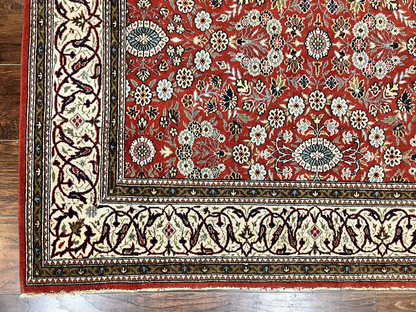 USED Red Persian Qum Rug 5 x 7.6, Hand Knotted Vintage Wool Fine Carpet 270 KPSI, Floral Allover