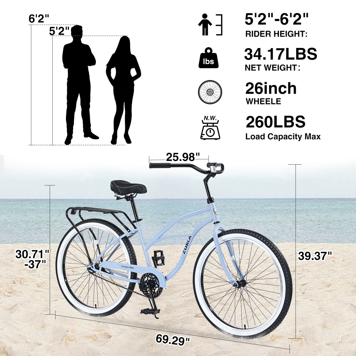 NEW Single Speed Bicycles 26'Inch,Steel Frame, Wide Wheels for Stability, Rear Coaster Brakes,Multiple ColorsWomen's Beach Cruiser Bike