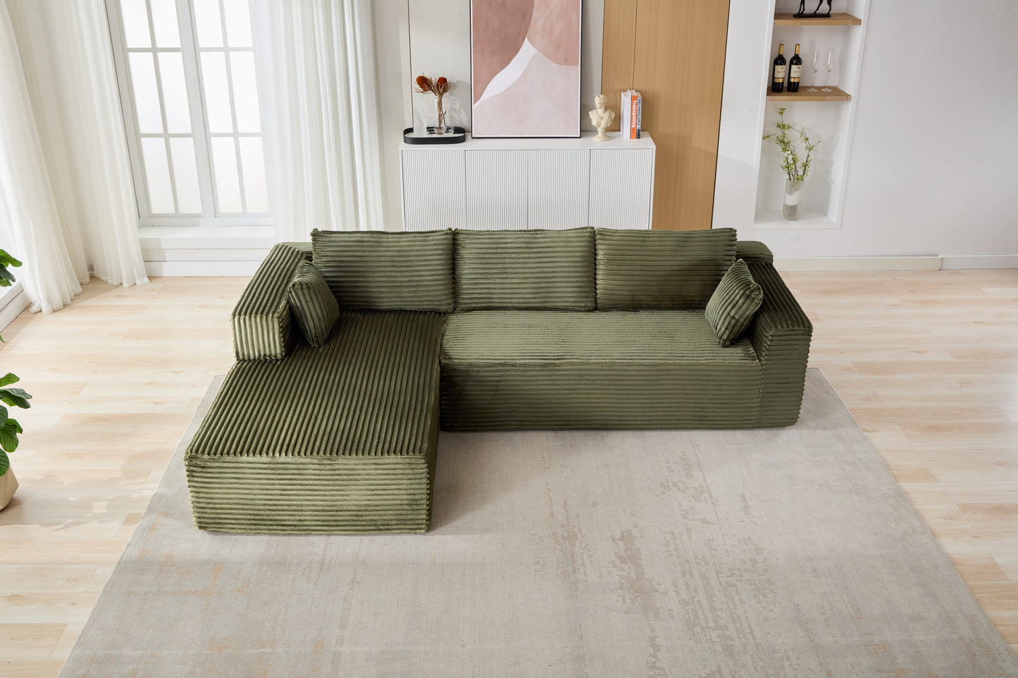 NEW Compression Sectional Couch with Comfy Chaise, Boneless L Shape Sofa with Deep Seat, Minimalist Modular Couches Sleeper for Living Room Bedroom Apartment Lounge,corduroy,Green